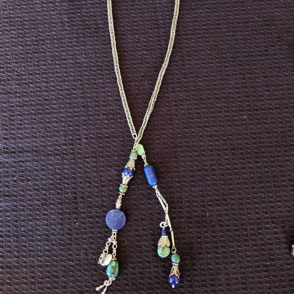 Egyptian real Lapis,  turquoise-color stones on silver lariat necklace